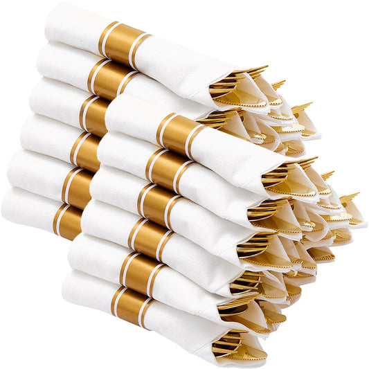 N9R 120 Pack Pre Rolled Gold Plastic Silverware Set, Wrapped Plastic Silverware Set with 120 Forks, 120 Knives, 120 Spoons and 120 Napkins, Disposable Cutlery Set for Party and Wedding