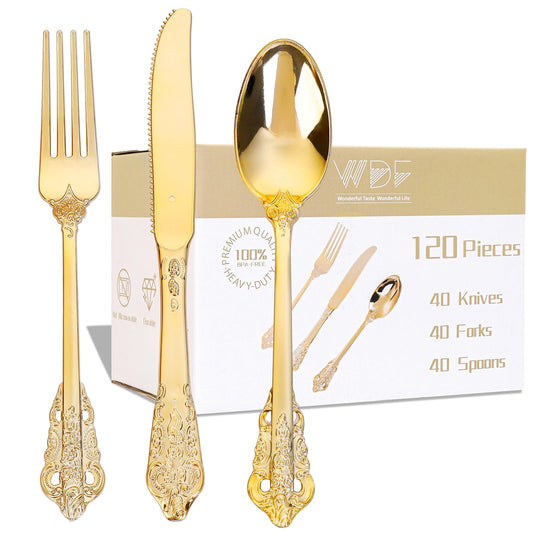 WDF 120PCS Gold Plastic Silverware - Heavy Duty Gold Plastic Cutlery Set Disposable Utensils - 40 Forks, 40 Spoons, 40 Knives, Perfect for Party Weeding Daily Use Baby Showe Spring