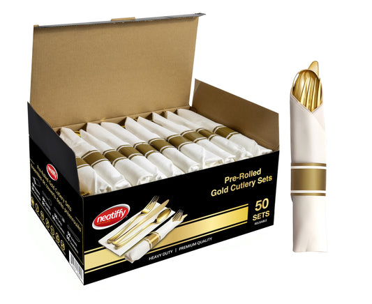 Neatiffy 50 Pack Gold Plastic Silverware Set, Pre Rolled Napkin and Cutlery Set with 50 Forks, 50 Knives, 50 Spoons, 50 Napkins, Utensils, Silverware for Parties, Weddings and Birthdays